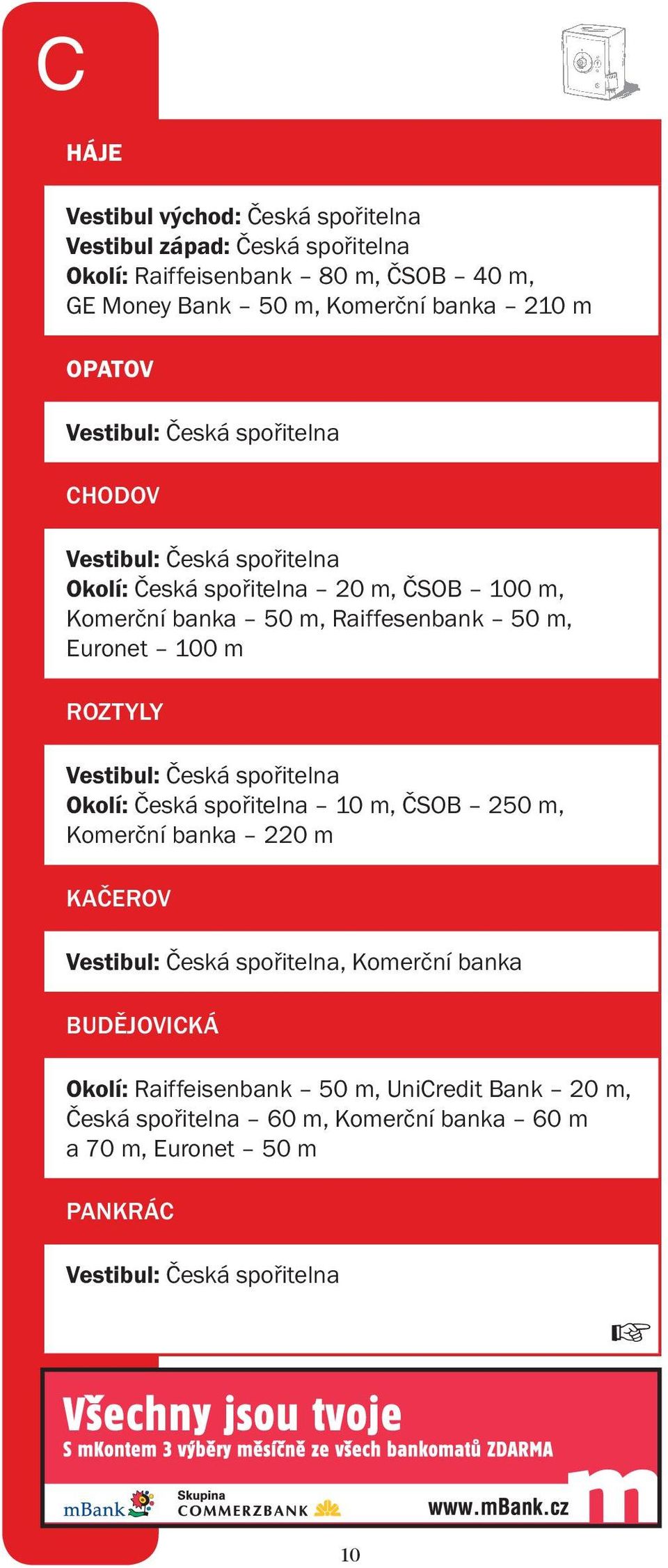 Euronet 100 m ROZTYLY Vestibul: Česká spořitelna Okolí: Česká spořitelna 10 m, ČSOB 250 m, Komerční banka 220 m KAČEROV Vestibul: Česká spořitelna, Komerční