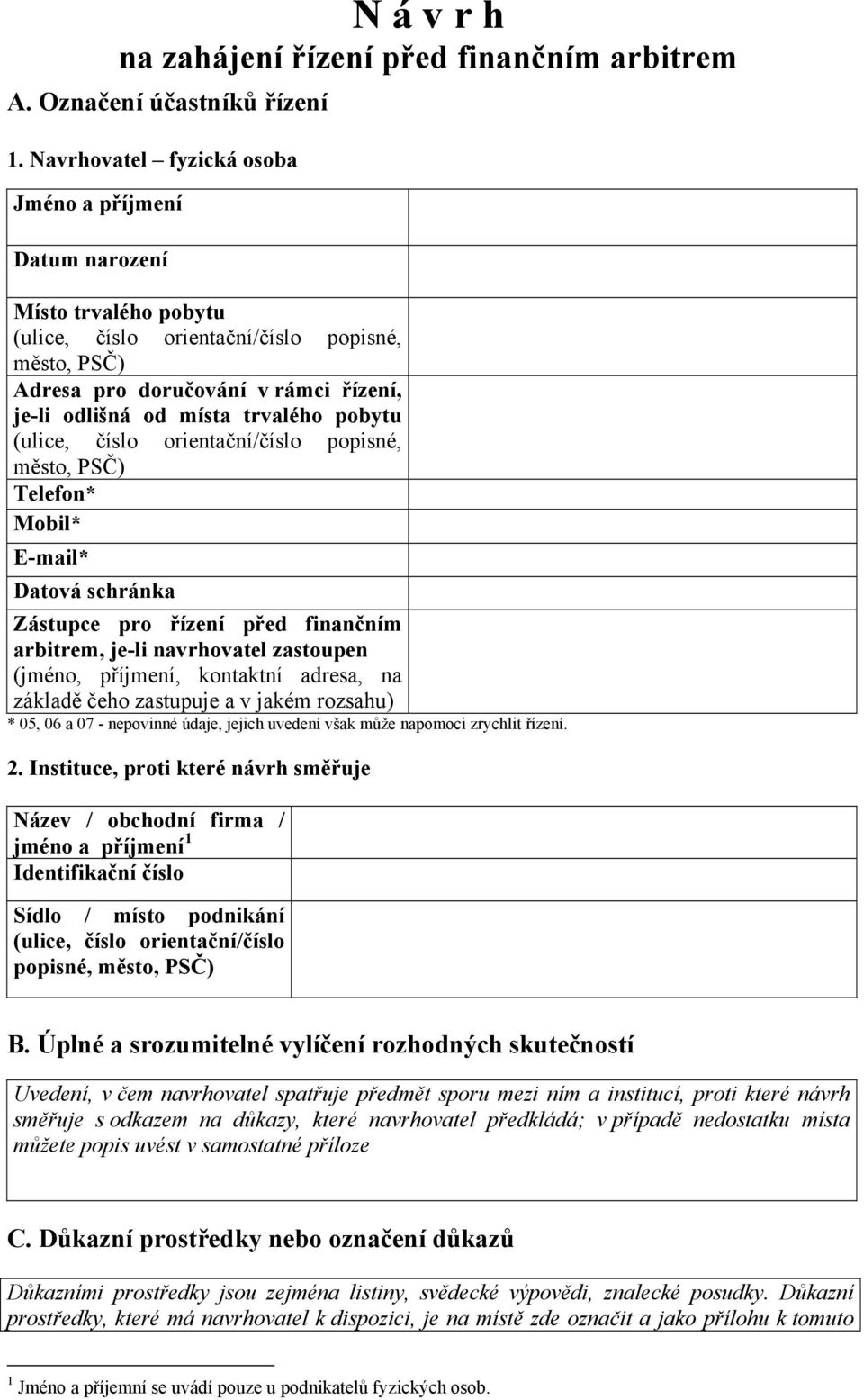 trvalého pobytu (ulice, číslo orientační/číslo popisné, město, PSČ) Telefon* Mobil* E-mail* Datová schránka Zástupce pro řízení před finančním arbitrem, je-li navrhovatel zastoupen (jméno, příjmení,