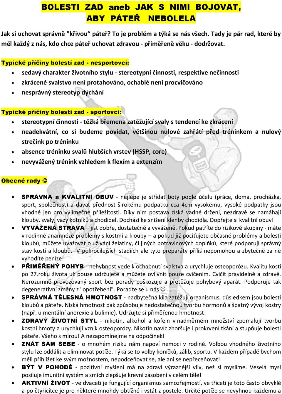 Typické příčiny bolestí zad - nesportovci: sedavý charakter životního stylu - stereotypní činnosti, respektive nečinnosti zkrácené svalstvo není protahováno, ochablé není procvičováno nesprávný