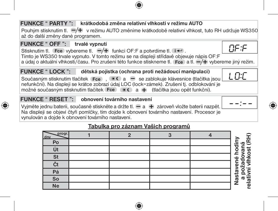 V tomto režimu se na displeji střídavě objevuje nápis OF:F a údaj o aktuální vlhkosti/času. Pro zrušení této funkce stiskneme tl. Fce a tl. vybereme jiný režim.