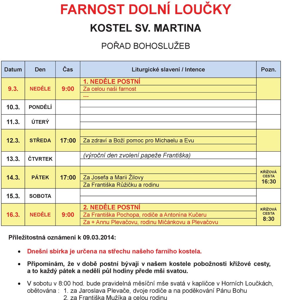 NEDLE POSTNÍ KÍŽOVÁ Za Františka Pochopa, rodie a Antonína Kueru 8:30 Za + Annu Plevaovu, rodinu Miánkovu a Plevaovu Píležitostná oznámení k 09.03.