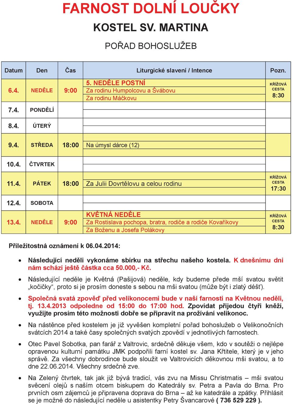 2014: Následující nedli vykonáme sbírku na stechu našeho kostela. K dnešnímu dni nám schází ještástka cca 50.000,- K.