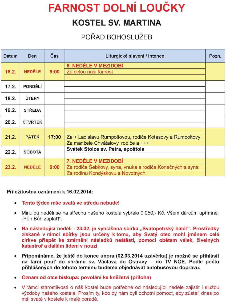 2014: Tento týden mše svatá ve stedu nebude! Minulou nedli se na stechu našeho kostela vybralo 9.050,- K. Všem dárcm upímné: Pán Bh zapla!. Na následující nedli - 23.02.