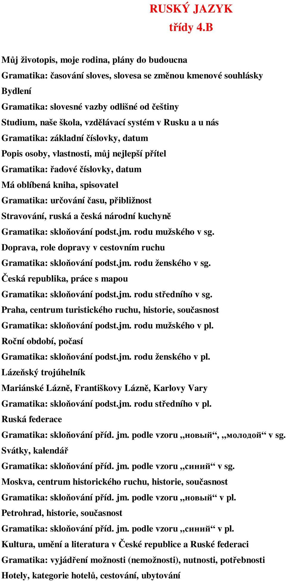 v Rusku a u nás Gramatika: základní íslovky, datum Popis osoby, vlastnosti, mj nejlepší pítel Gramatika: adové íslovky, datum Má oblíbená kniha, spisovatel Gramatika: urování asu, pibližnost