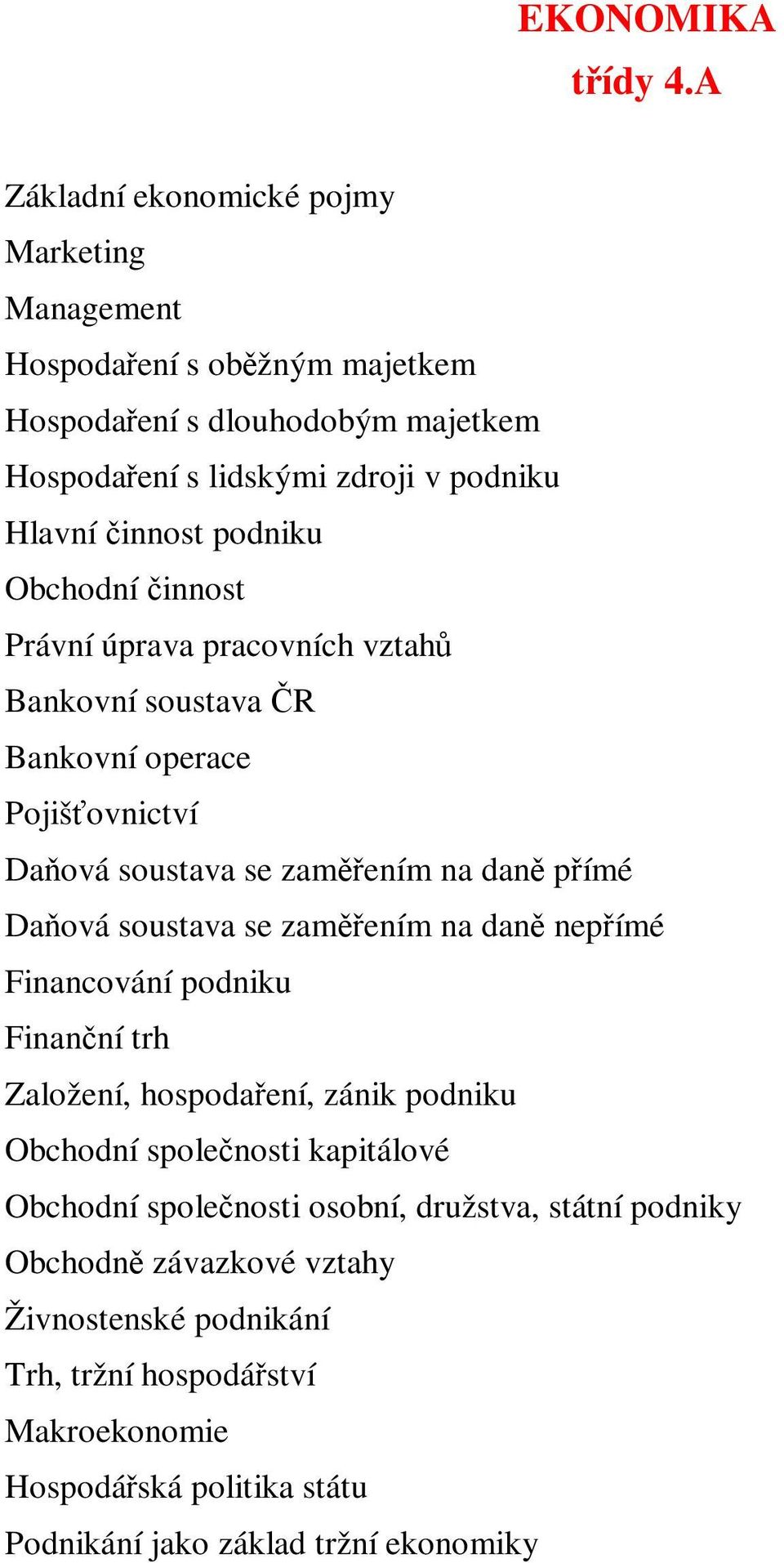 podniku Obchodní innost Právní úprava pracovních vztah Bankovní soustava R Bankovní operace Pojišovnictví Daová soustava se zamením na dan pímé Daová soustava se