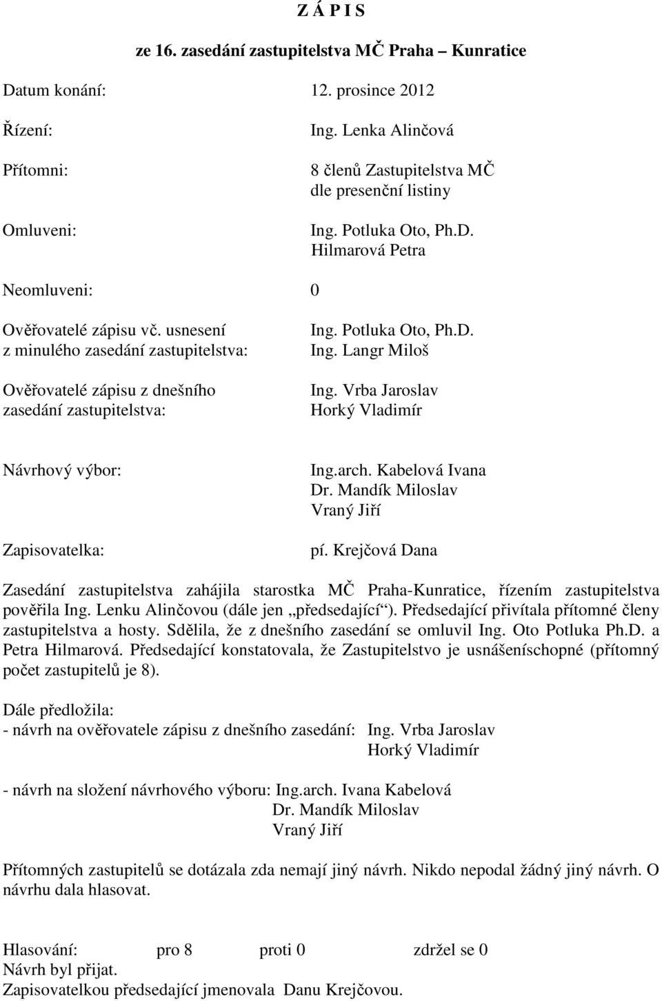 Vrba Jaroslav Horký Vladimír Návrhový výbor: Zapisovatelka: Ing.arch. Kabelová Ivana Dr. Mandík Miloslav Vraný Jiří pí.