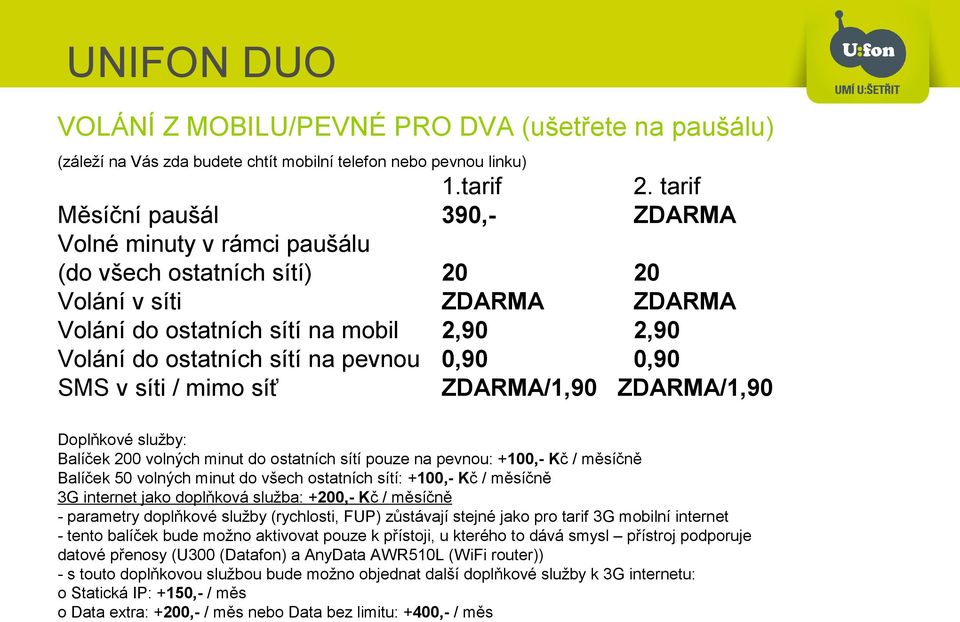 tarif ZDARMA 20 20 ZDARMA ZDARMA 2,90 2,90 0,90 0,90 ZDARMA/1,90 ZDARMA/1,90 Doplňkové služby: Balíček 200 volných minut do ostatních sítí pouze na pevnou: +100,- Kč / měsíčně Balíček 50 volných