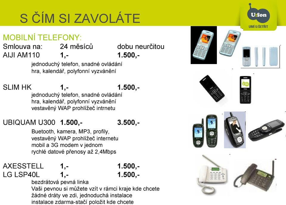 500,- jednoduchý telefon, snadné ovládání hra, kalendář, polyfonní vyzvánění vestavěný WAP prohlížeč intrnetu UBIQUAM U300 1.500,- 3.