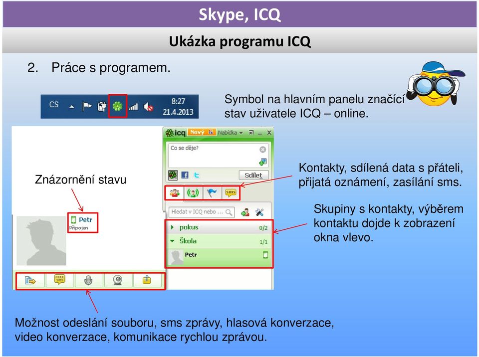 Znázornění stavu Kontakty, sdílená data s přáteli, přijatá oznámení, zasílání sms.