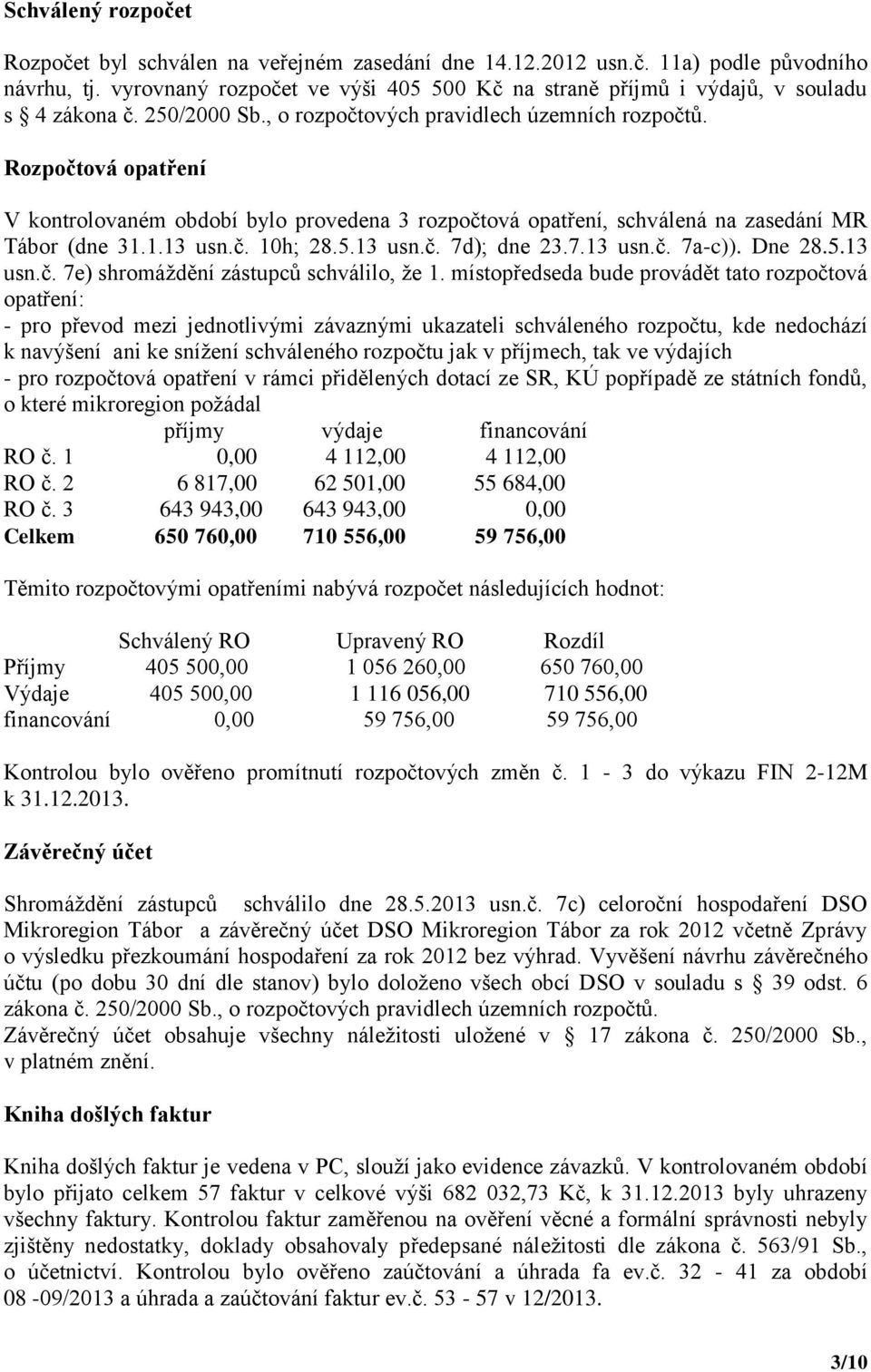 Rozpočtová opatření V kontrolovaném období bylo provedena 3 rozpočtová opatření, schválená na zasedání MR Tábor (dne 31.1.13 usn.č. 10h; 28.5.13 usn.č. 7d); dne 23.7.13 usn.č. 7a-c)). Dne 28.5.13 usn.č. 7e) shromáždění zástupců schválilo, že 1.