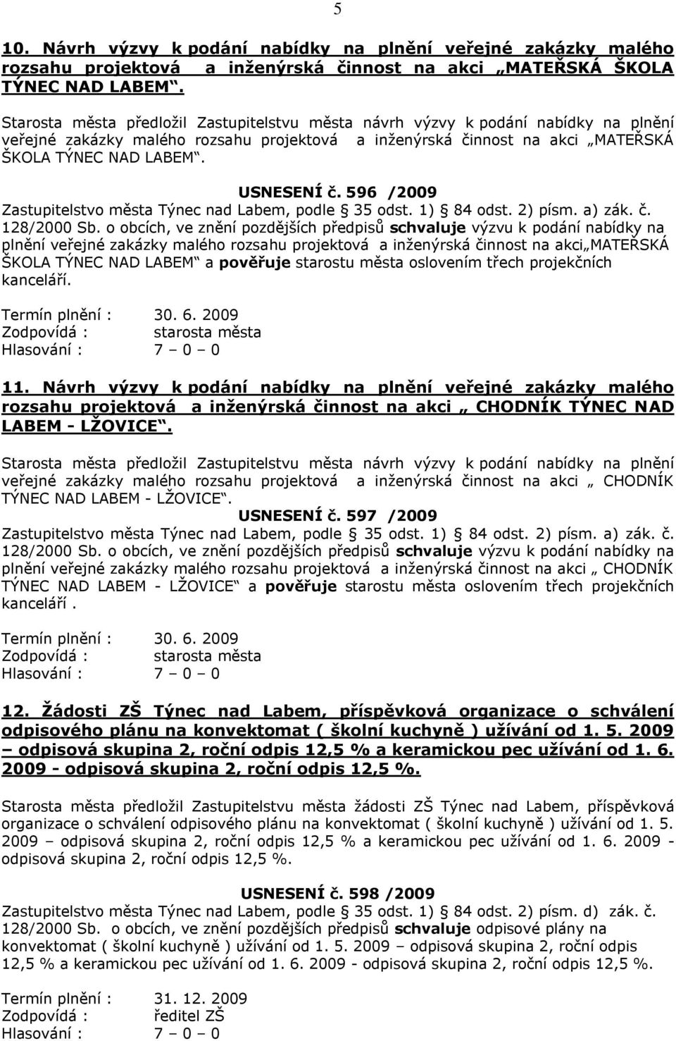 596 /2009 Zastupitelstvo města Týnec nad Labem, podle 35 odst. 1) 84 odst. 2) písm. a) zák. č. 128/2000 Sb.