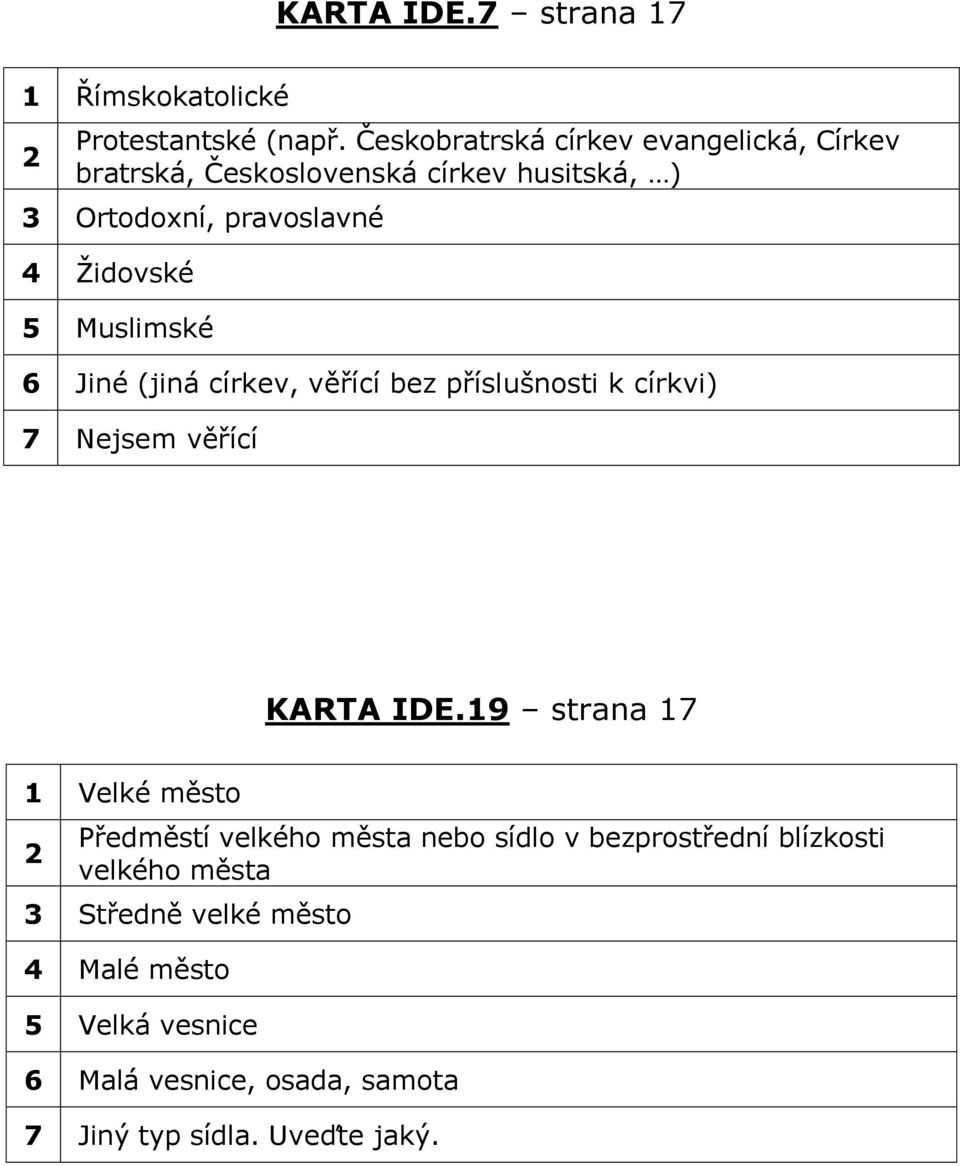 Muslimské 6 Jiné (jiná církev, věřící bez příslušnosti k církvi) 7 Nejsem věřící KARTA IDE.