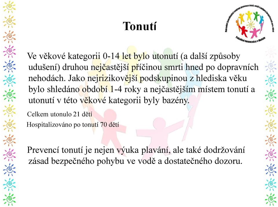 Jako nejrizikovější podskupinou zhlediska věku bylo shledáno období 1-4 roky a nejčastějším místem tonutí a utonutí