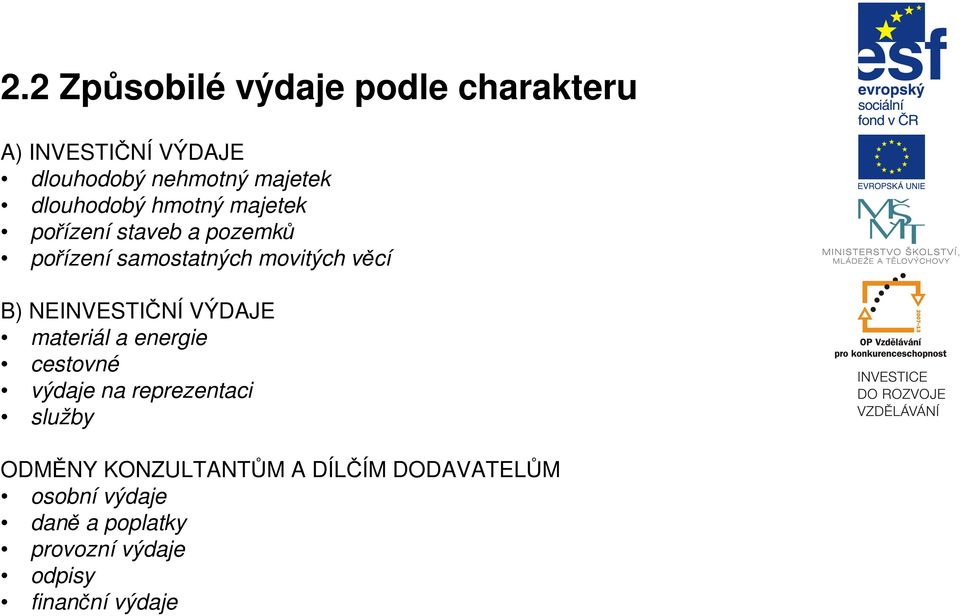 NEINVESTIČNÍ VÝDAJE materiál a energie cestovné výdaje na reprezentaci služby ODMĚNY