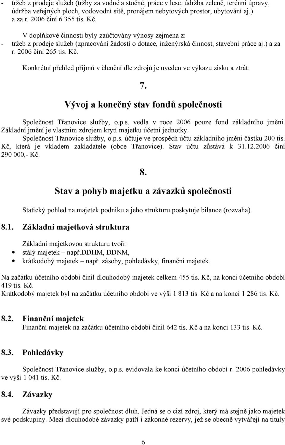 2006 činí 265 tis. Kč. Konkrétní přehled příjmů v členění dle zdrojů je uveden ve výkazu zisku a ztrát. 7. Vývoj a konečný stav fondů společnosti Společnost Třanovice služby, o.p.s. vedla v roce 2006 pouze fond základního jmění.