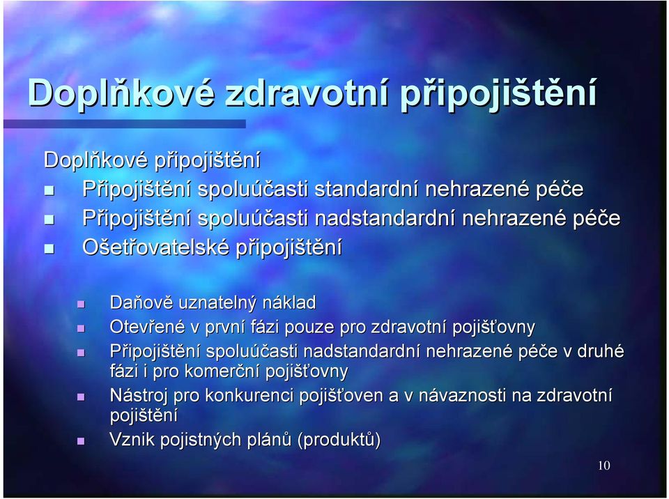 první fázi pouze pro zdravotní pojišťovny ovny Připojištění spoluúčasti nadstandardní nehrazené péče e v druhé fázi i pro