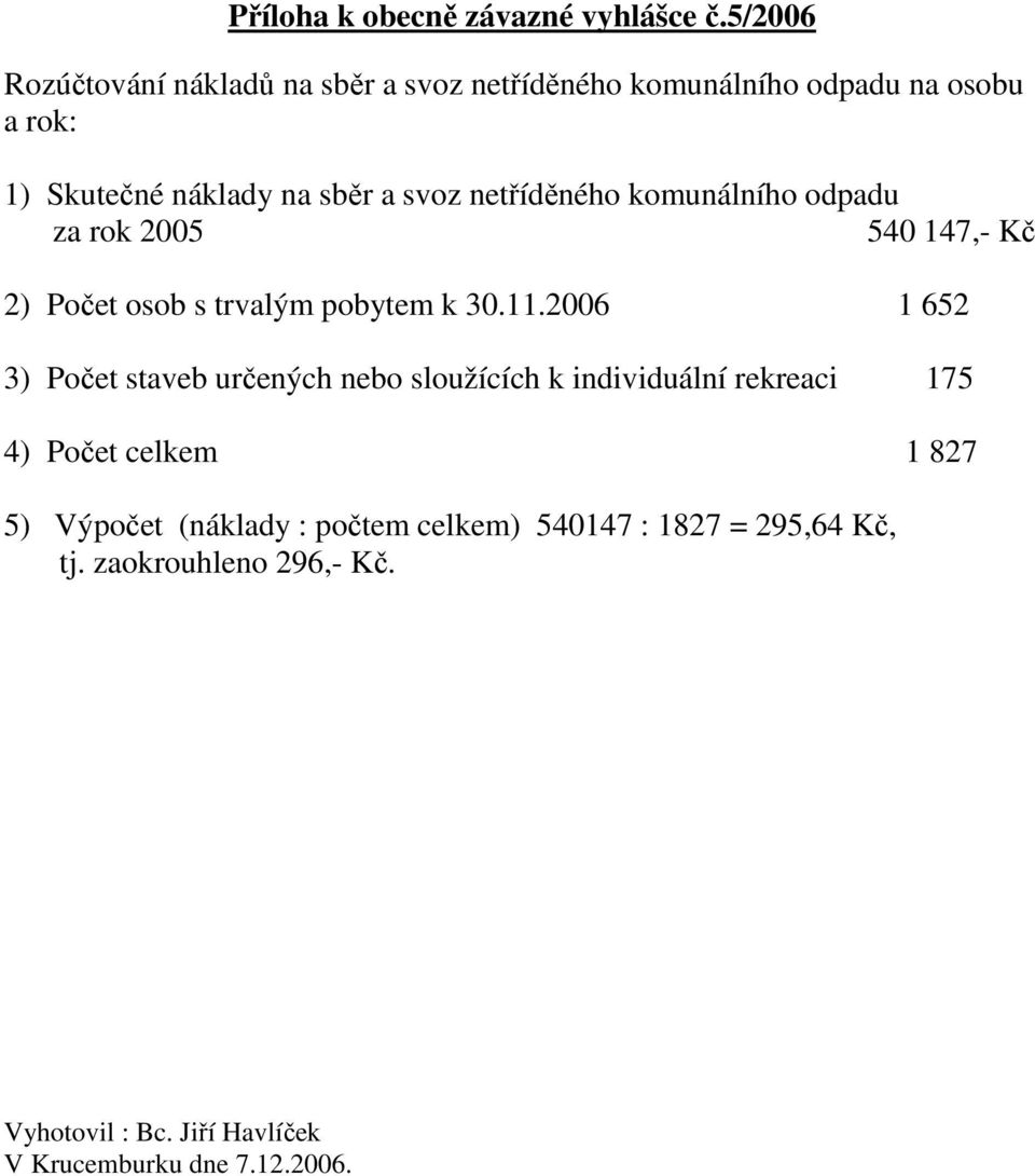 netříděného komunálního odpadu za rok 2005 540 147,- Kč 2) Počet osob s trvalým pobytem k 30.11.