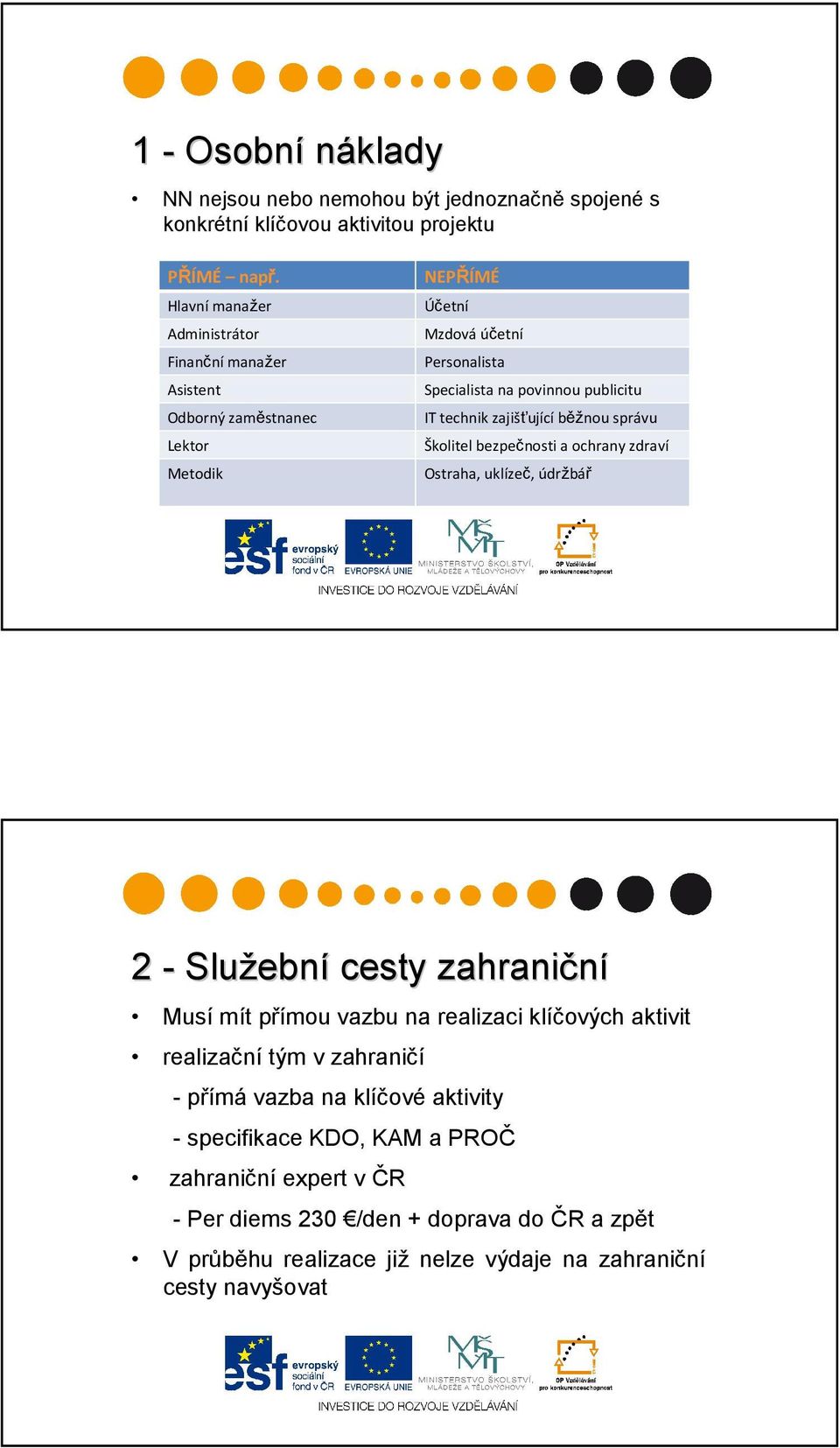 technik zajišťujícíběžnou správu ICT Školitel bezpečnosti a ochrany zdraví Ostraha, uklízeč, údržbář 2 - Služebn ební cesty zahraniční Musí mít přímou vazbu na realizaci