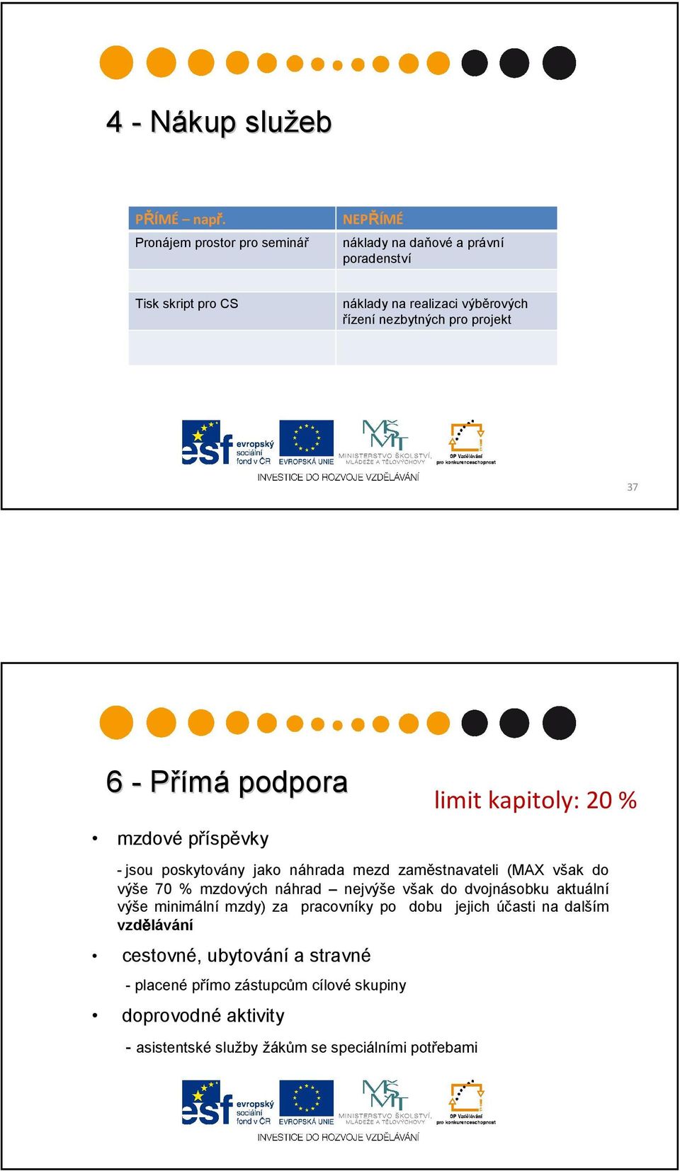 projekt 37 6 - Přímá podpora mzdové příspěvky - jsou poskytovány jako náhrada mezd zaměstnavateli (MAX však do výše 70 % mzdových náhrad nejvýše