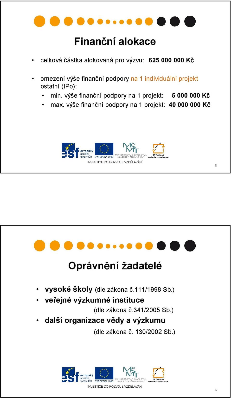 výše finanční podpory na 1 projekt: 40 000 000 Kč 5 Oprávnění žadatelé vysoké školy (dle zákona č.