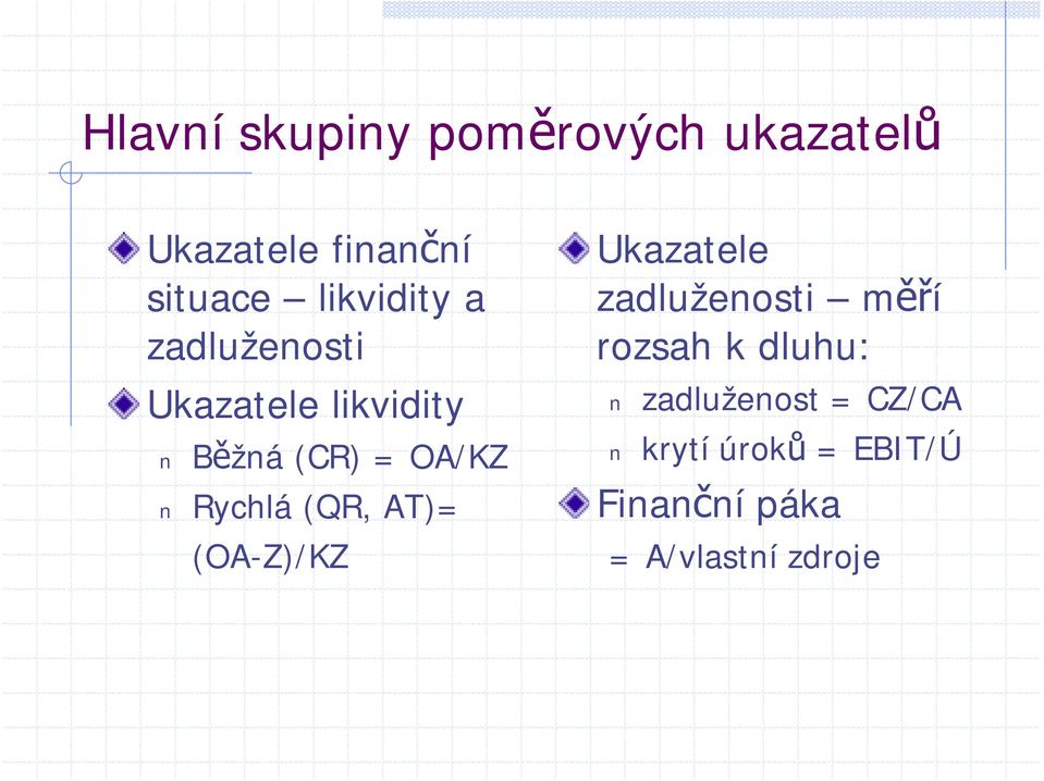 Rychlá (QR, AT)= (OA-Z)/KZ Ukazatele zadluženosti měří rozsah k