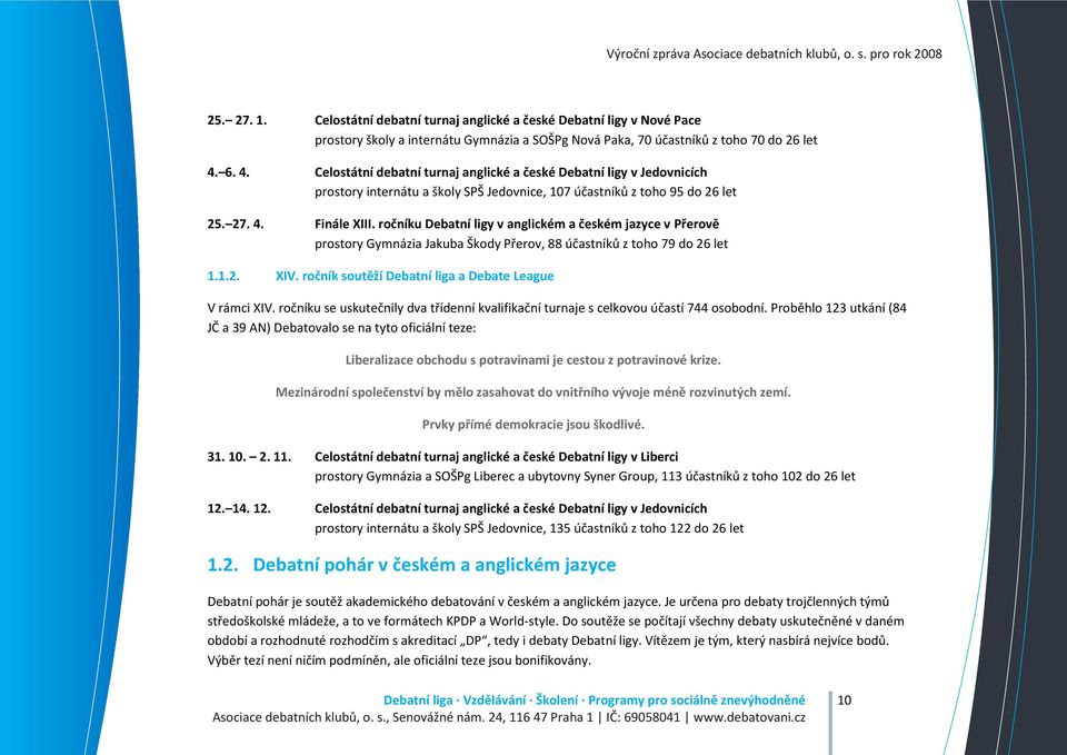 ročníku Debatní ligy v anglickém a českém jazyce v Přerově prostory Gymnázia Jakuba Škody Přerov, 88 účastníků z toho 79 do 26 let 1.1.2. XIV. ročník soutěží Debatní liga a Debate League V rámci XIV.