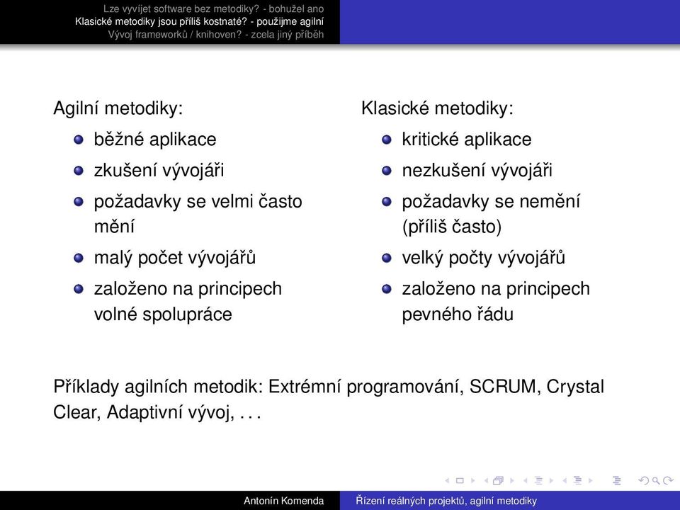 nezkušení vývojáři požadavky se nemění (příliš často) velký počty vývojářů založeno na