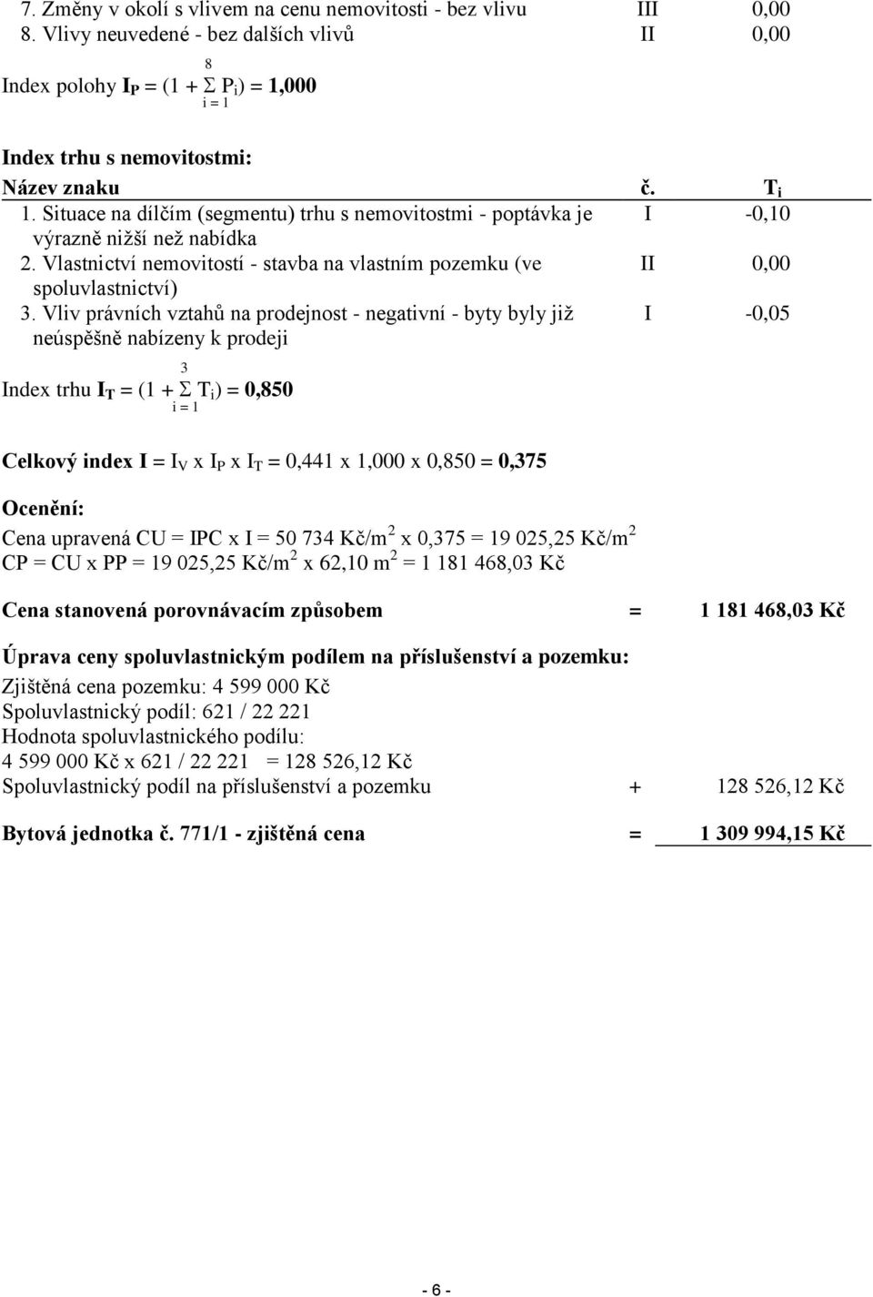 Situace na dílčím (segmentu) trhu s nemovitostmi - poptávka je I -0,10 výrazně nižší než nabídka 2. Vlastnictví nemovitostí - stavba na vlastním pozemku (ve II 0,00 spoluvlastnictví) 3.