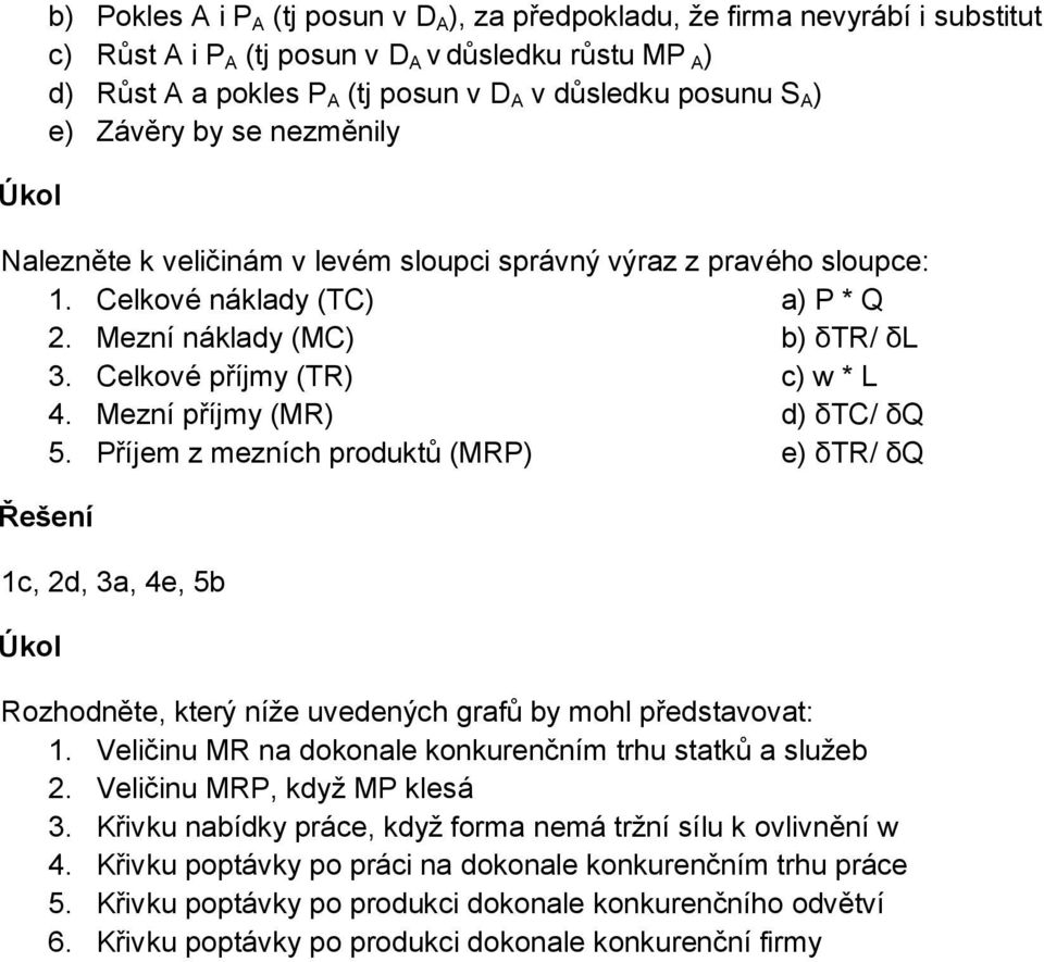 Celkové příjmy (TR) c) w * L 4. Mezní příjmy (MR) d) δtc/ δq 5. Příjem z mezních produktů (MRP) e) δtr/ δq 1c, 2d, 3a, 4e, 5b Úkol Rozhodněte, který níže uvedených grafů by mohl představovat: 1.