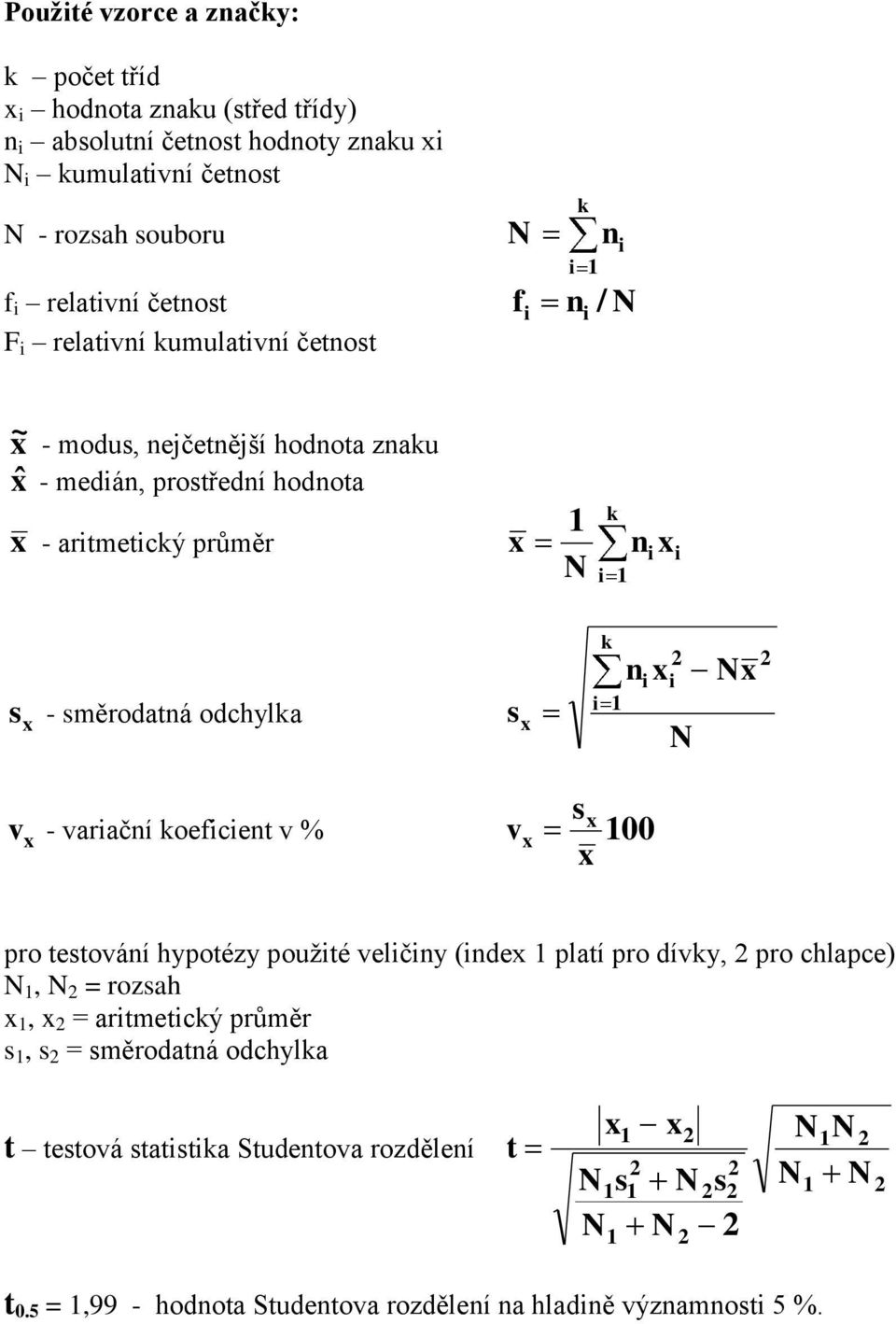 - směrodatná odchylka s k i n i i s v - variační koeficient v % v 00 pro testování hypotézy použité veličiny (inde platí pro dívky, pro chlapce), = rozsah, =