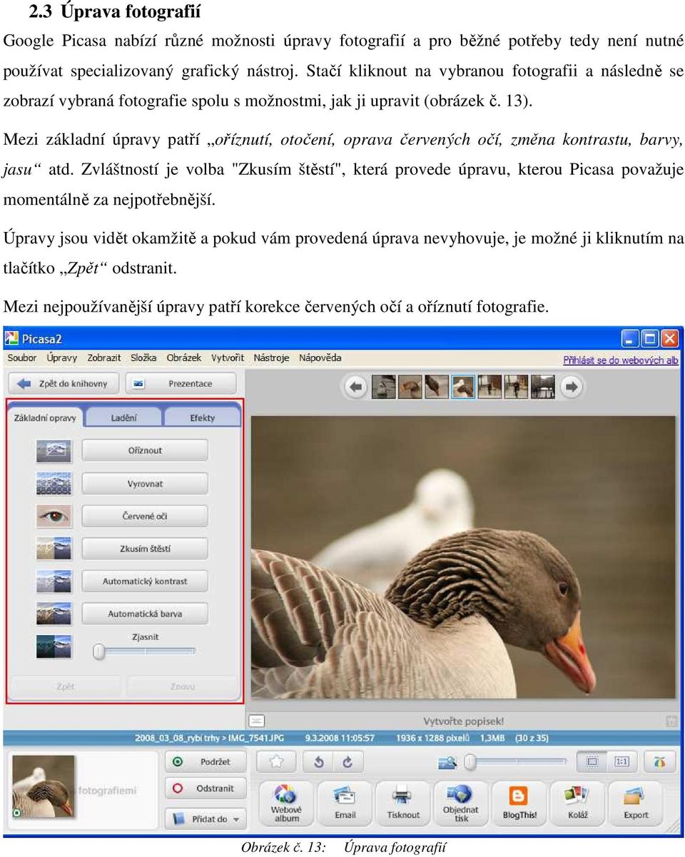 Mezi základní úpravy patří oříznutí, otočení, oprava červených očí, změna kontrastu, barvy, jasu atd.