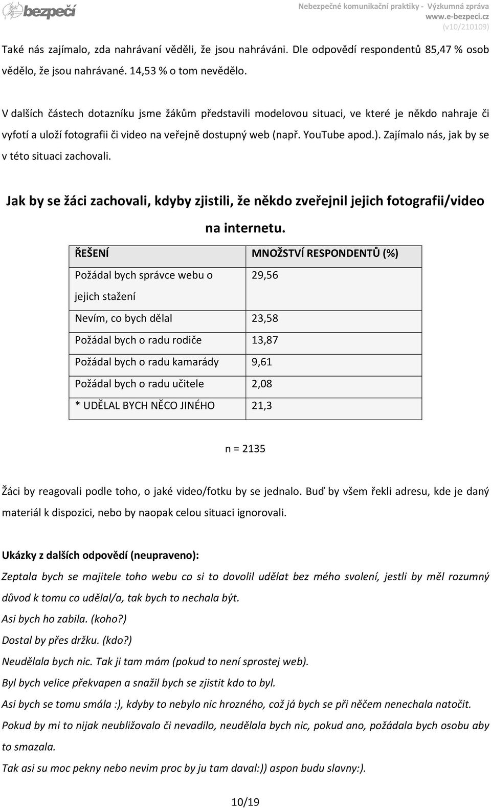 Zajímalo nás, jak by se v této situaci zachovali. Jak by se žáci zachovali, kdyby zjistili, že někdo zveřejnil jejich fotografii/video na internetu.