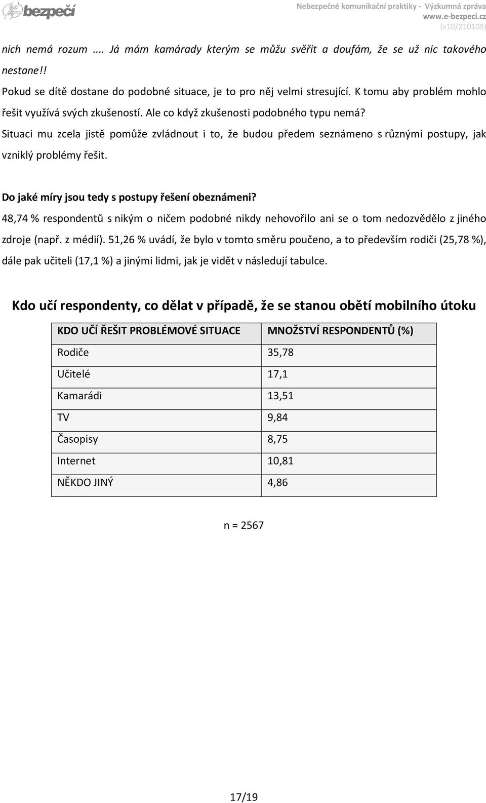 Situaci mu zcela jistě pomůže zvládnout i to, že budou předem seznámeno s různými postupy, jak vzniklý problémy řešit. Do jaké míry jsou tedy s postupy řešení obeznámeni?