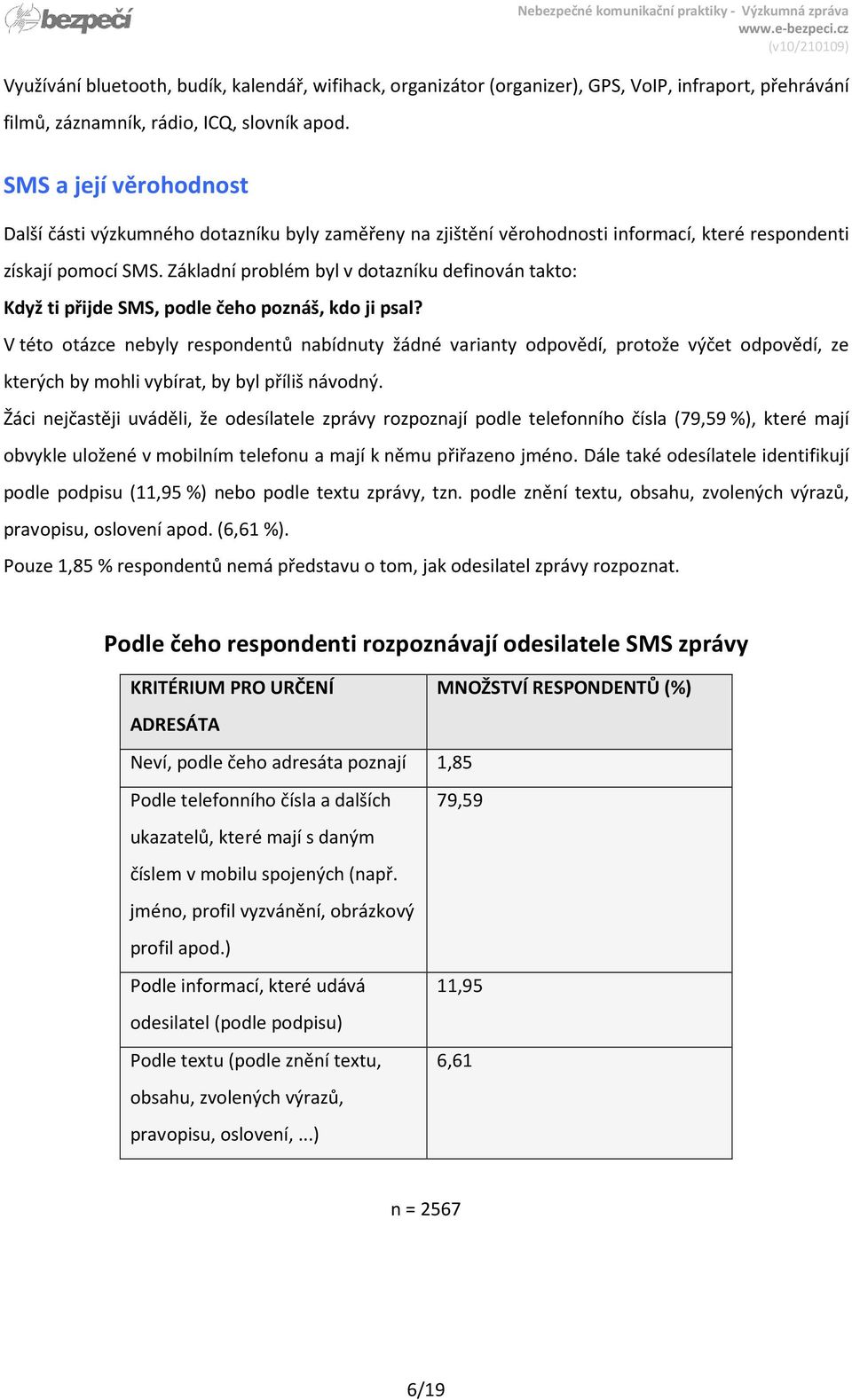 Základní problém byl v dotazníku definován takto: Když ti přijde SMS, podle čeho poznáš, kdo ji psal?