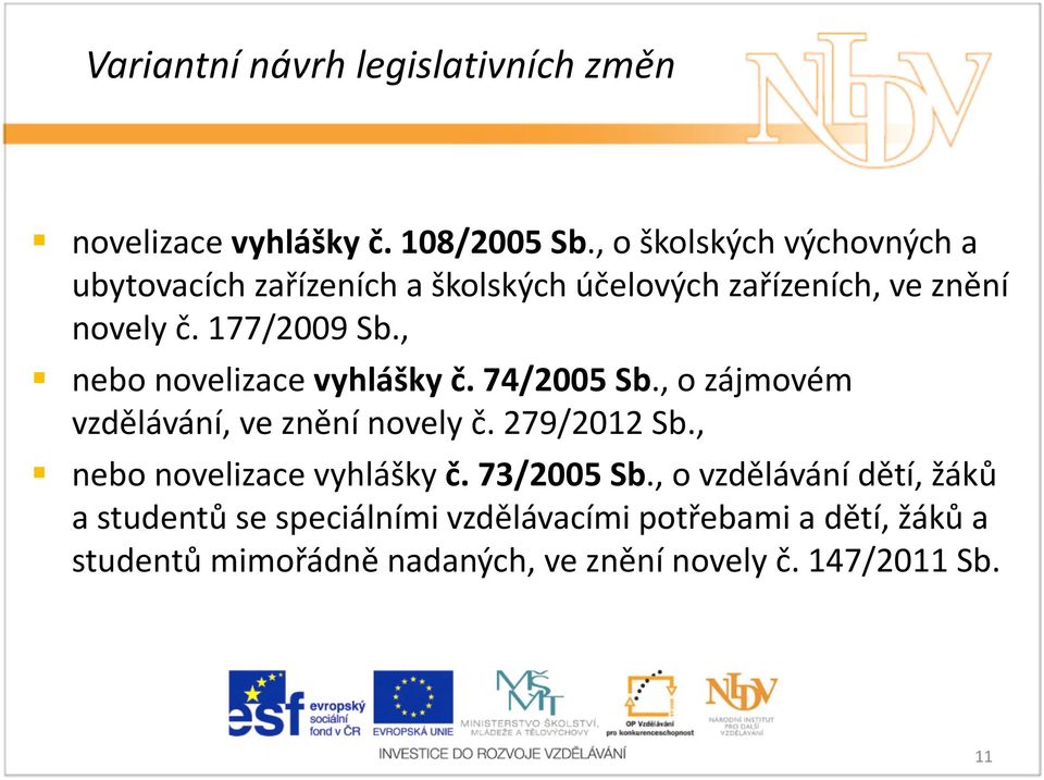 , nebo novelizace vyhlášky č. 74/2005 Sb., o zájmovém vzdělávání, ve znění novely č. 279/2012 Sb.