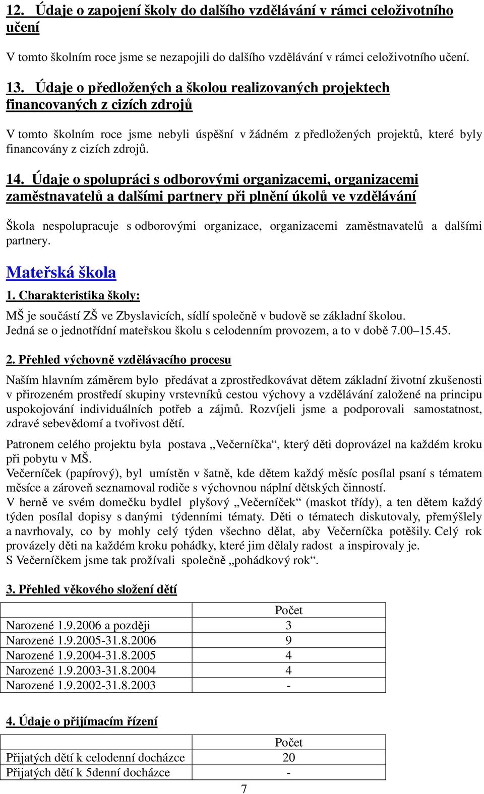 14. Údaje o spolupráci s odborovými organizacemi, organizacemi zaměstnavatelů a dalšími partnery při plnění úkolů ve vzdělávání Škola nespolupracuje s odborovými organizace, organizacemi