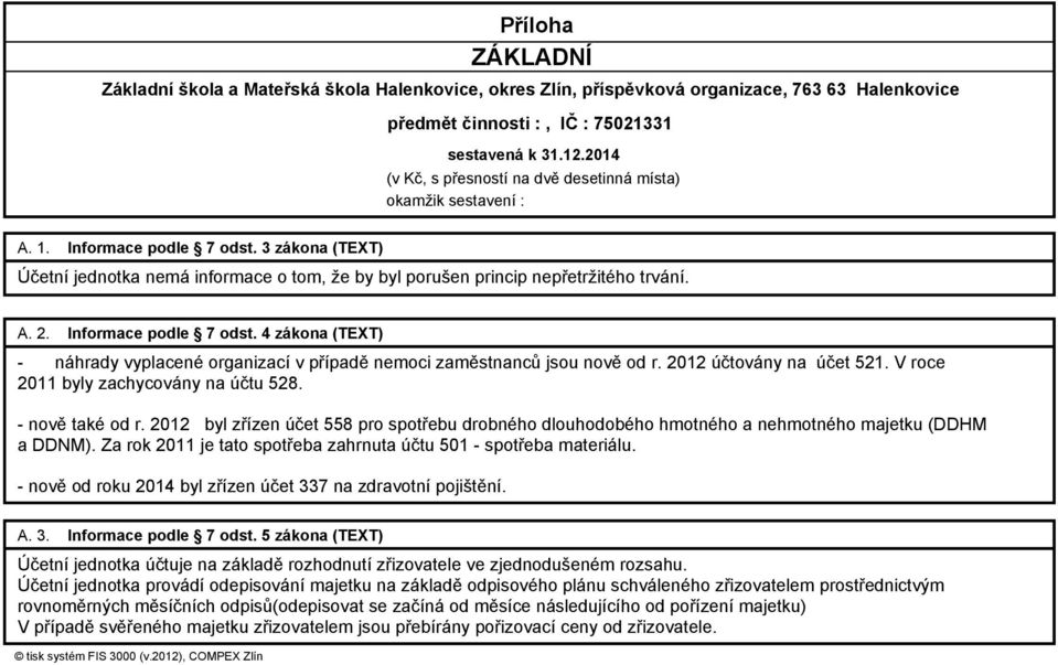 Za rok 2011 je tato spotřeba zahrnuta účtu 501 - spotřeba materiálu. - nově od roku 2014 byl zřízen účet 337 na zdravotní pojištění. A. Informace podle 7 odst.