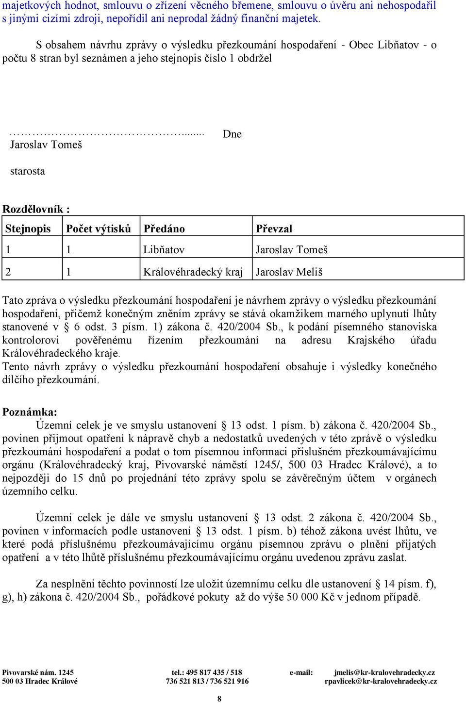 .. Jaroslav Tomeš Dne starosta Rozdělovník : Stejnopis Počet výtisků Předáno Převzal 1 1 Libňatov Jaroslav Tomeš 2 1 Královéhradecký kraj Jaroslav Meliš Tato zpráva o výsledku přezkoumání hospodaření