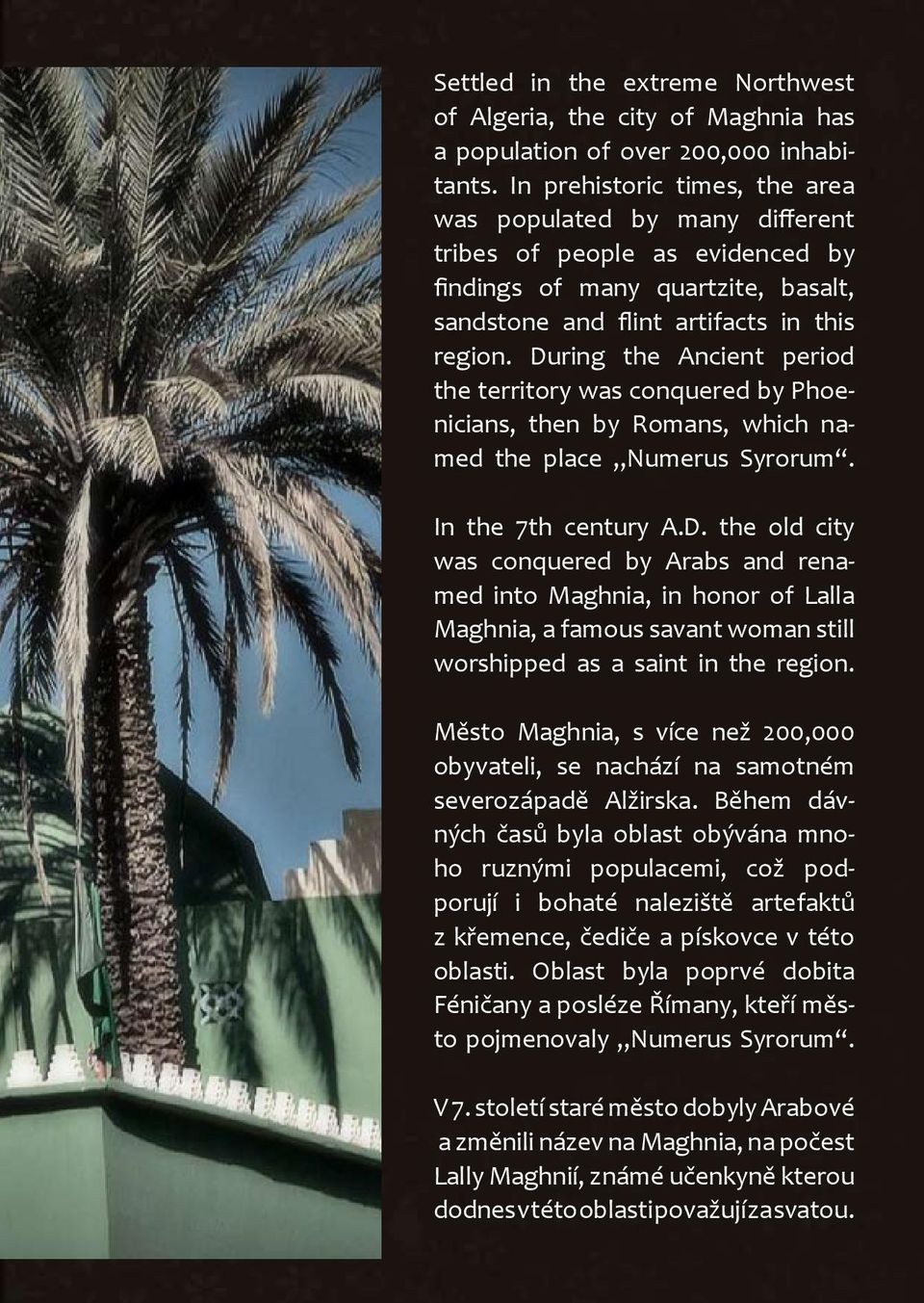 During the Ancient period the territory was conquered by Phoenicians, then by Romans, which named the place Numerus Syrorum. In the 7th century A.D. the old city was conquered by Arabs and renamed into Maghnia, in honor of Lalla Maghnia, a famous savant woman still worshipped as a saint in the region.
