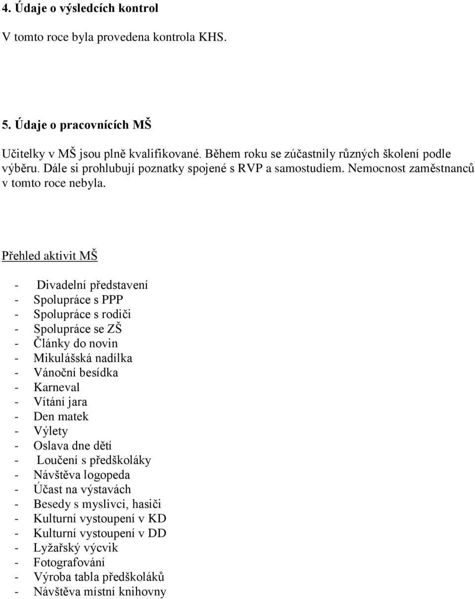 Přehled aktivit MŠ - Divadelní představení - Spolupráce s PPP - Spolupráce s rodiči - Spolupráce se ZŠ - Články do novin - Mikulášská nadílka - Vánoční besídka - Karneval - Vítání jara -