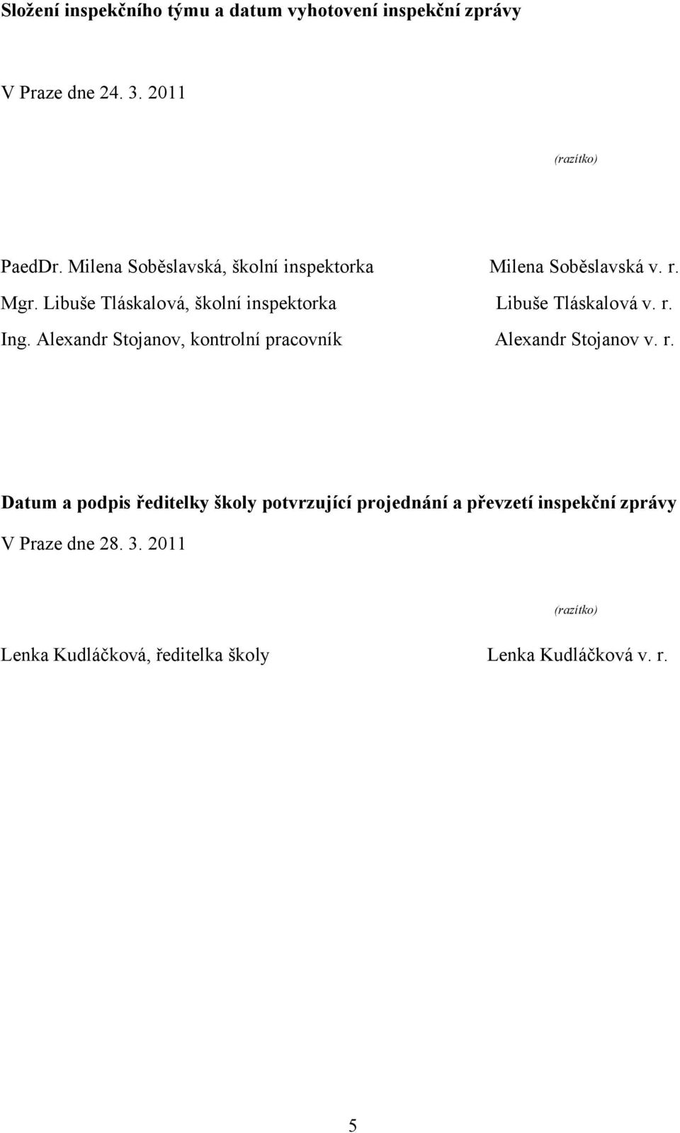 Libuše Tláskalová, školní inspektorka Libuše Tláskalová v. r. Ing.