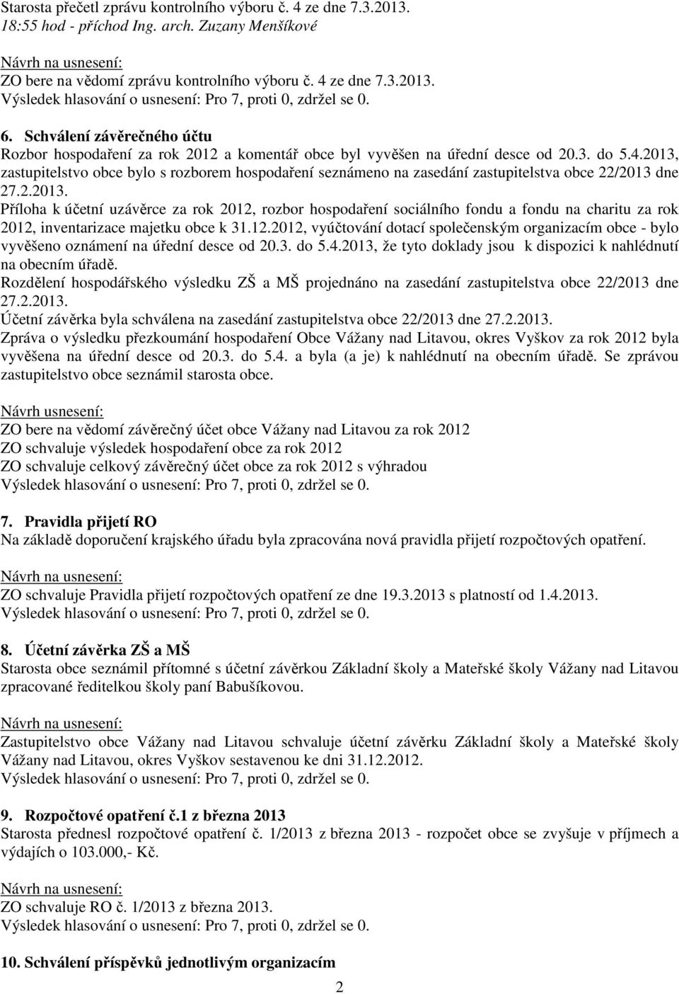 2013, zastupitelstvo obce bylo s rozborem hospodaření seznámeno na zasedání zastupitelstva obce 22/2013 dne Příloha k účetní uzávěrce za rok 2012, rozbor hospodaření sociálního fondu a fondu na