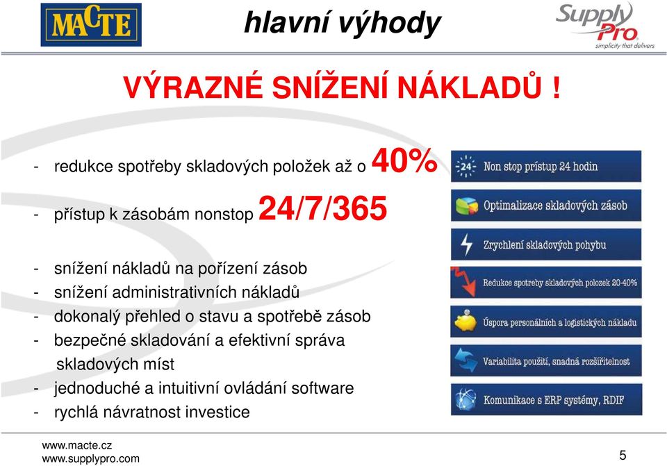 snížení nákladů na pořízení zásob - snížení administrativních nákladů - dokonalý přehled o