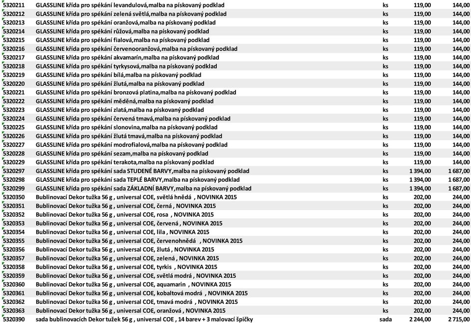 spékání fialová,malba na pískovaný podklad ks 119,00 144,00 5320216 GLASSLINE křída pro spékání červenooranžová,malba na pískovaný podklad ks 119,00 144,00 5320217 GLASSLINE křída pro spékání