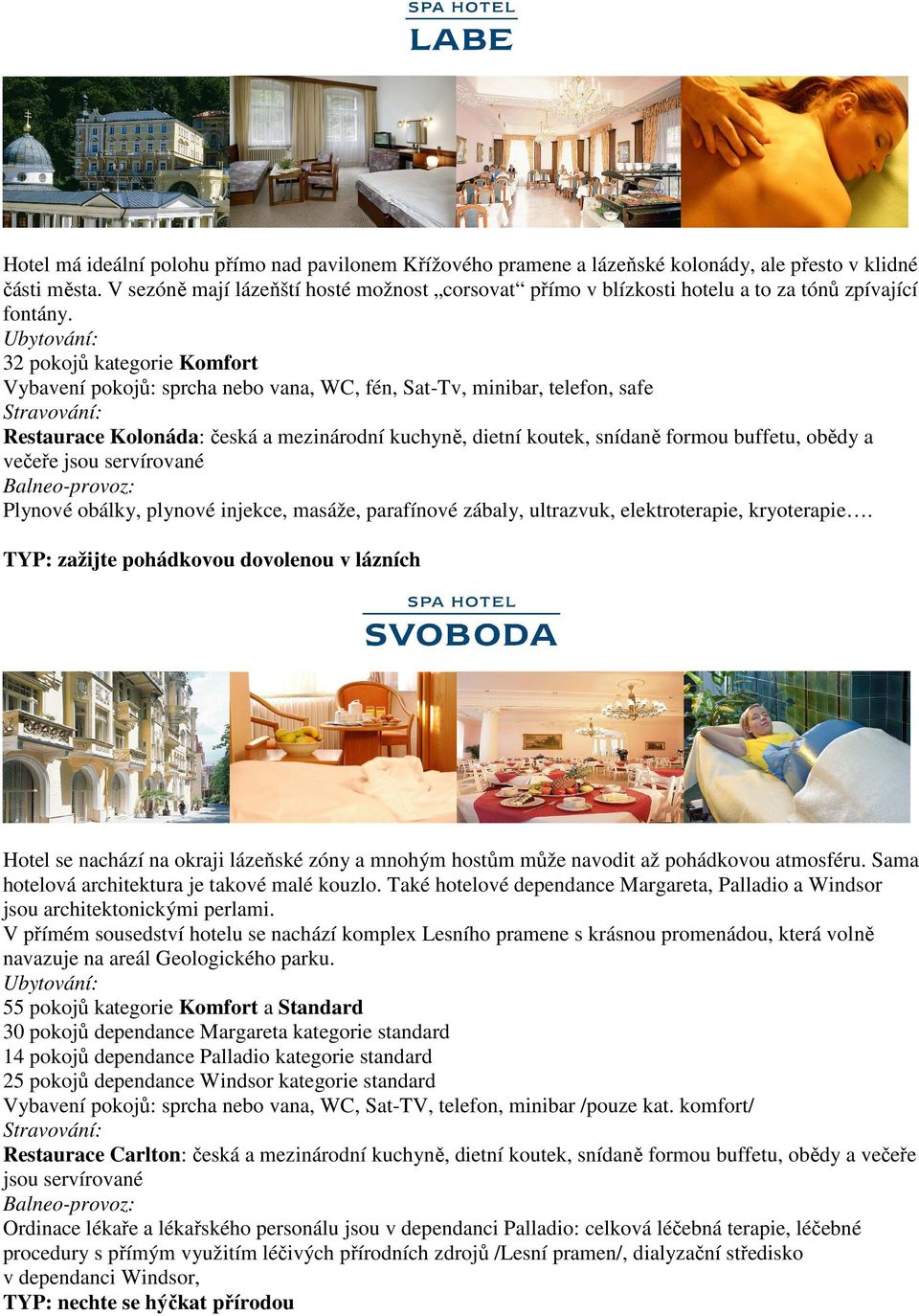 32 pokojů kategorie Komfort Vybavení pokojů: sprcha nebo vana, WC, fén, Sat-Tv, minibar, telefon, safe Restaurace Kolonáda: česká a mezinárodní kuchyně, dietní koutek, snídaně formou buffetu, obědy a