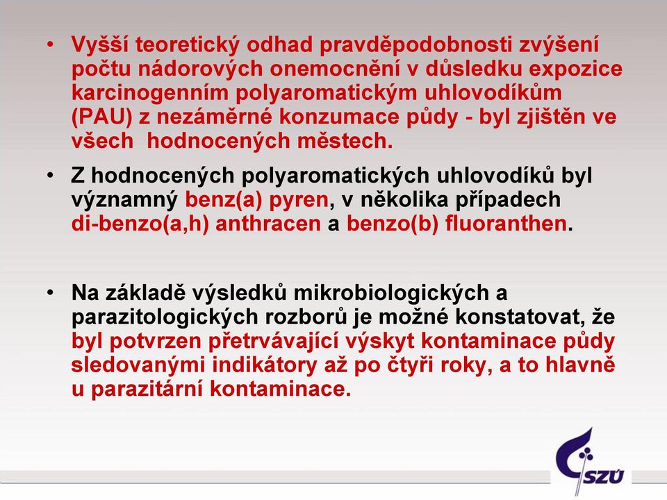 Z hodnocených polyaromatických uhlovodíků byl významný benz(a) pyren, v několika případech di-benzo(a,h) anthracen a benzo(b) fluoranthen.