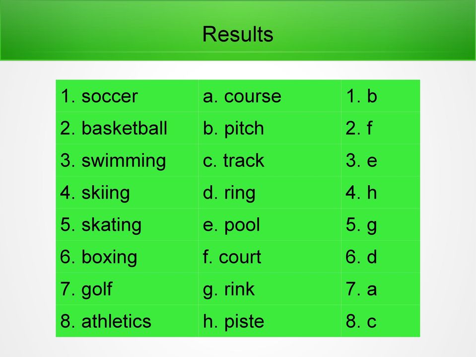 ring 4. h 5. skating e. pool 5. g 6. boxing f.