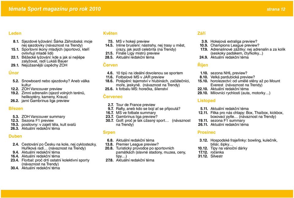 2. jarní Gambrinus liga preview Březen 5.3. ZOH Vancouver summary 12.3. Sezona F1 preview 19.3. posilovny: v zajetí těla, kult svalů 26.3. Aktuální redakční téma Duben 2.4.