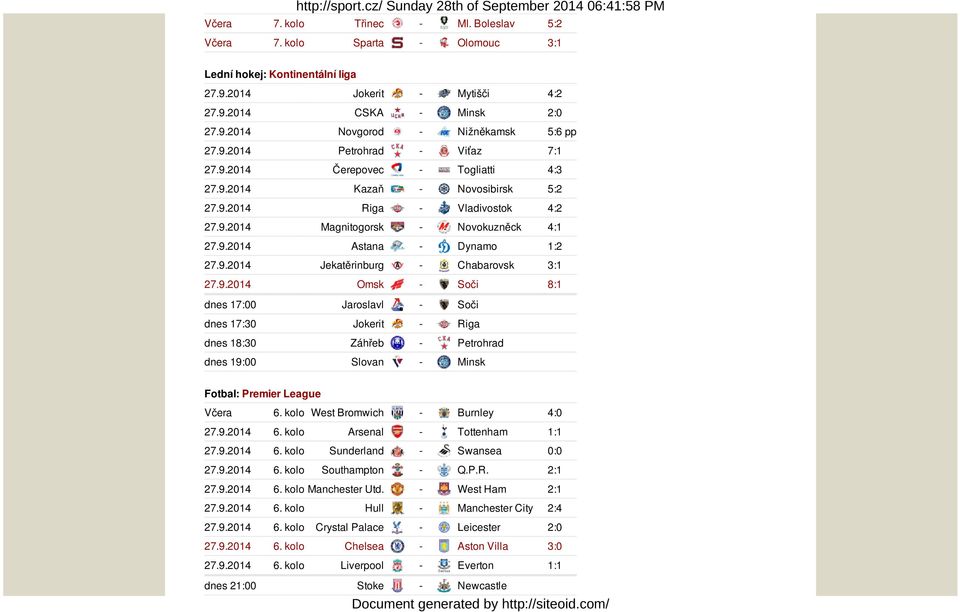 9.2014 Omsk - Soči 8:1 dnes 17:00 Jaroslavl - Soči dnes 17:30 Jokerit - Riga dnes 18:30 Záhřeb - Petrohrad dnes 19:00 Slovan - Minsk Fotbal: Premier League 6. kolo West Bromwich - Burnley 4:0 27.9.2014 6.