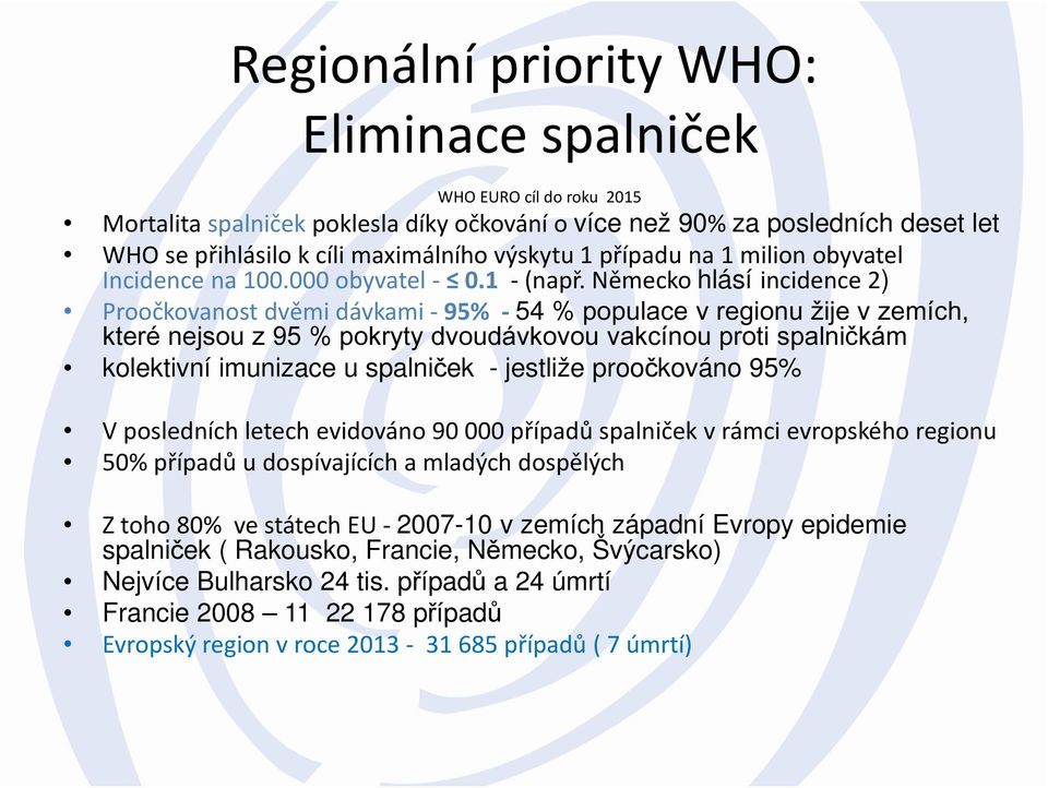 Německo hlásí incidence 2) Proočkovanostdvěmi dávkami-95% -54 % populace v regionu žije v zemích, které nejsou z 95 % pokryty dvoudávkovou vakcínou proti spalničkám kolektivní imunizace u spalniček -